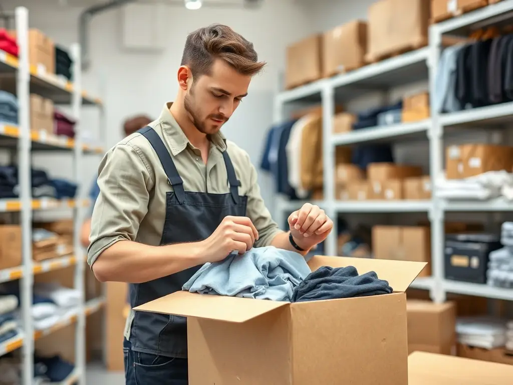 A worker carefully picking and packing items in a box, ready for shipment.