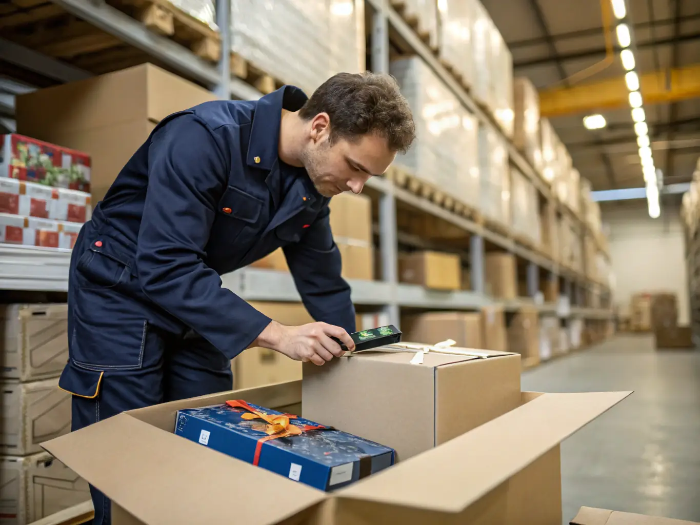A worker in a fulfillment center carefully picking items from shelves and packing them into boxes, ready for shipping.