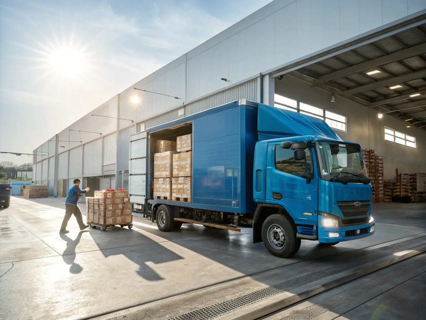 A delivery truck leaving a fulfillment center, symbolizing fast and reliable shipping.