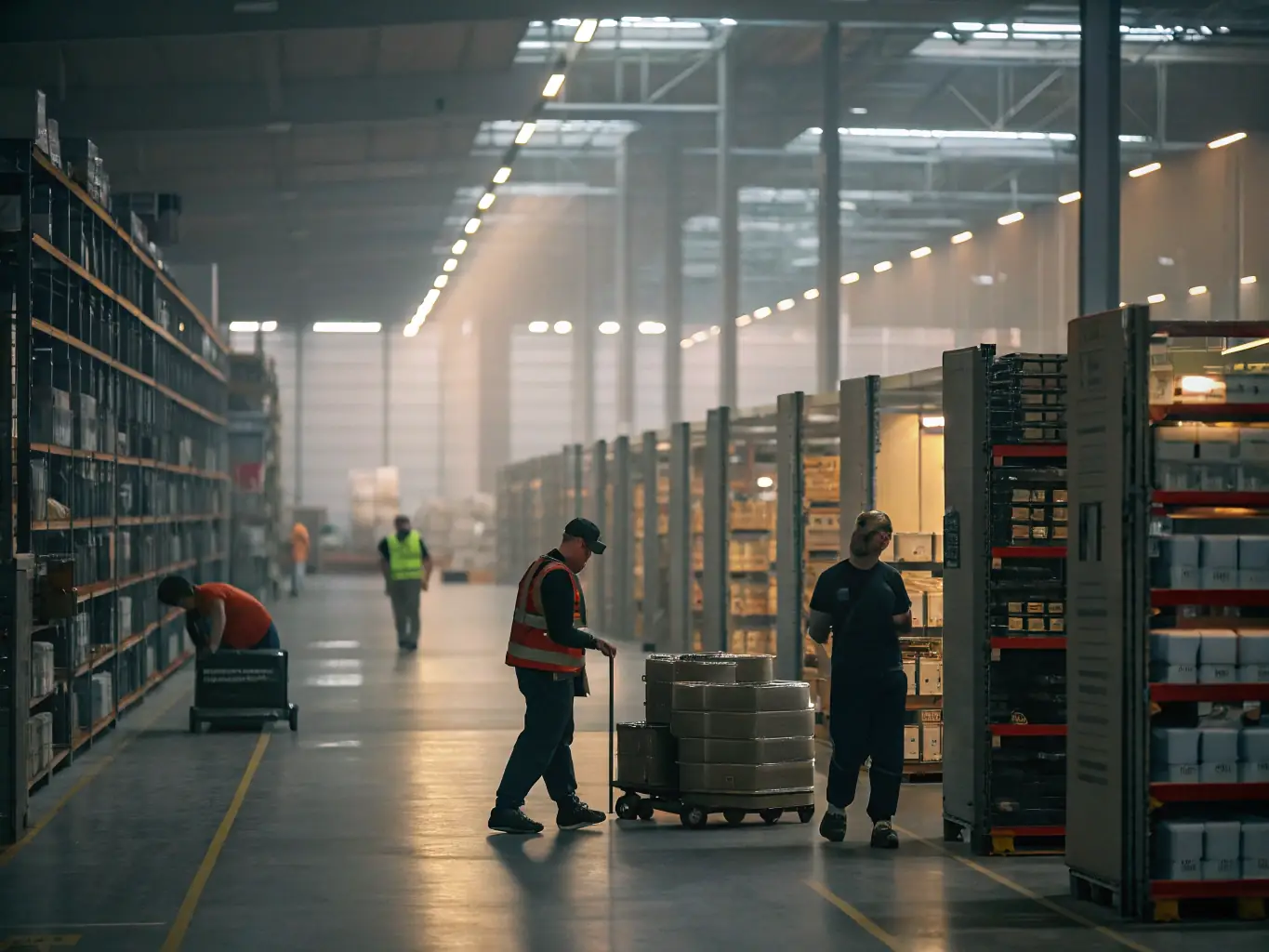 A well-organized warehouse with shelves full of products, showcasing efficient inventory management.